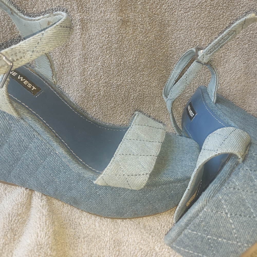 Nine West Blue Denim Wedge Sandals